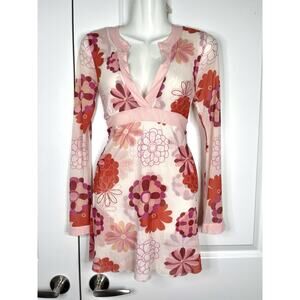 Sweet Pea Stacy Frati Y2k V Neck Babydoll Tunic Top Blouse Floral Boho Mesh Sz S
